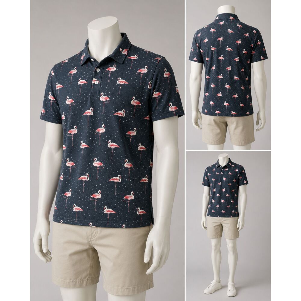 Hardaddy Men's M Golf Polo Shirt Navy Pink Flamingo Print Short Sleeve